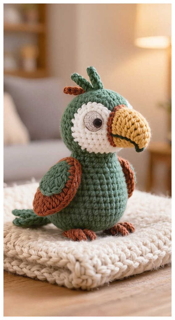 green parrot amigurumi crochet cute plush bird cozy handmade toy idea
