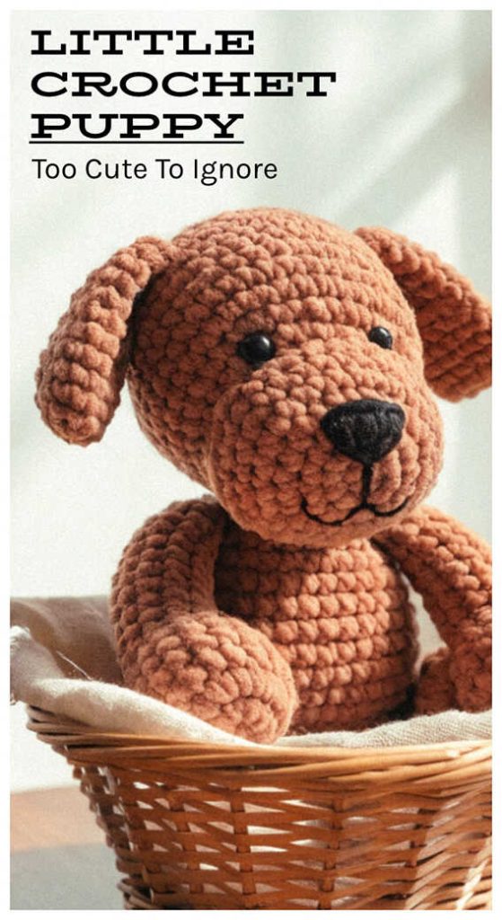 little crochet puppy in basket cute brown dog amigurumi too cute to ignore