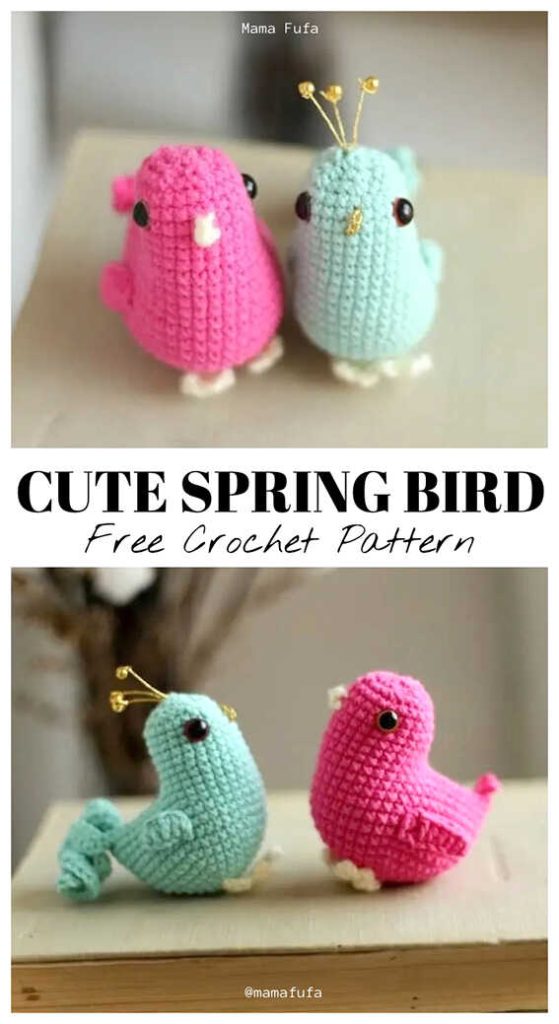 Cute spring birds amigurumi crochet set in pink and blue, free crochet pattern included, ideal for small handmade gifts and seasonal decor.