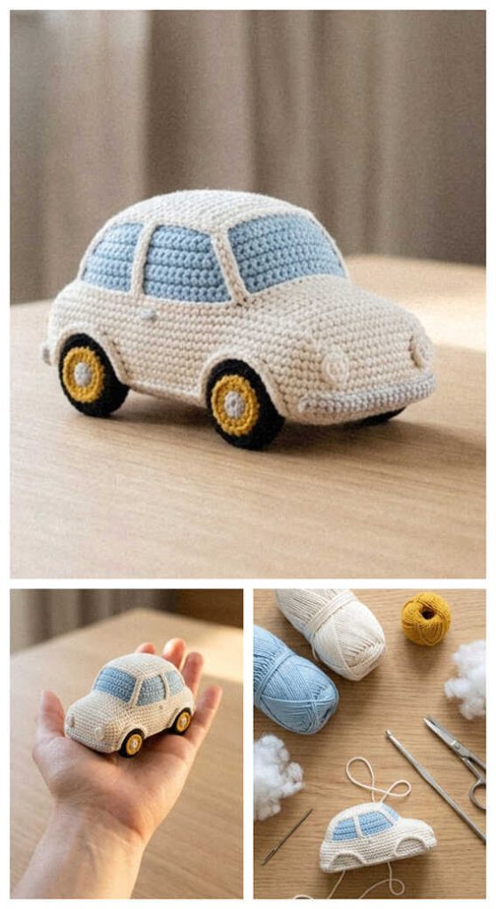 mini crochet car amigurumi soft beige toy cute handmade car idea