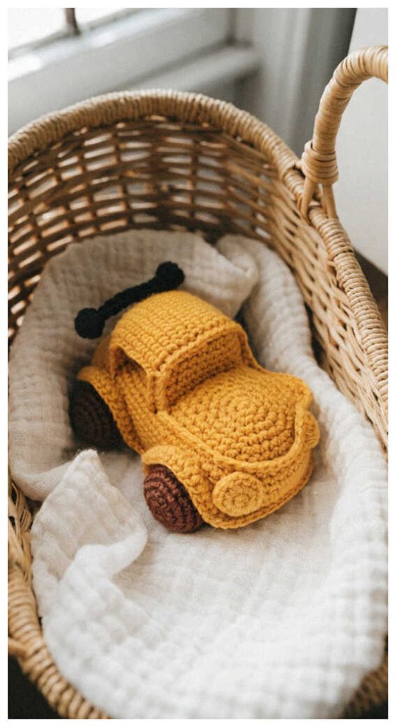 crochet car amigurumi in basket cute small handmade toy cozy idea