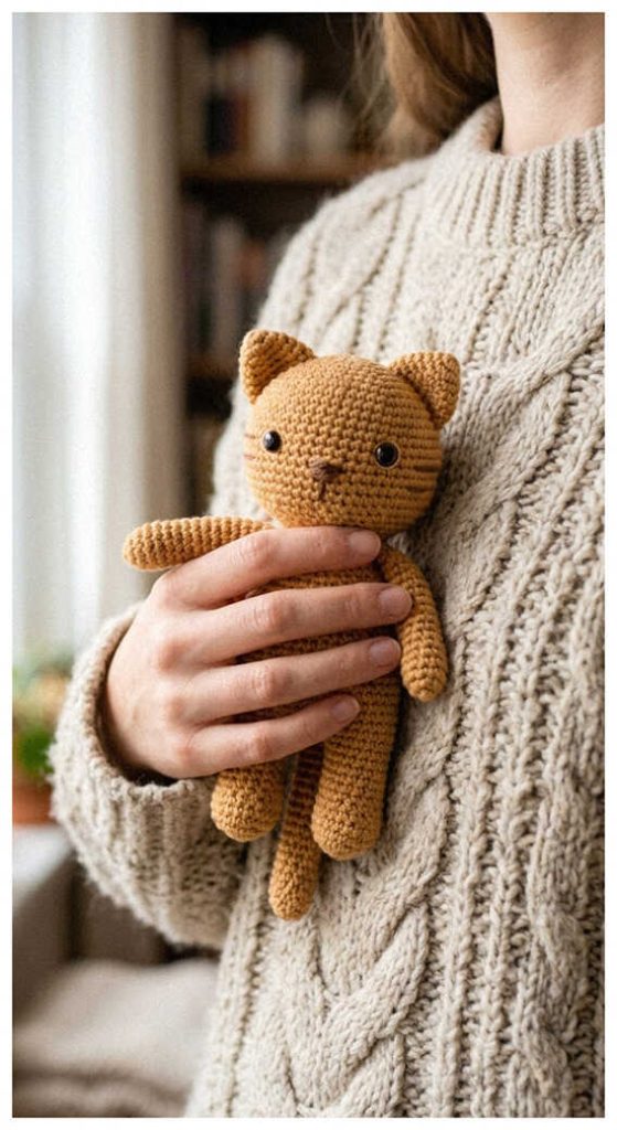 small crochet cat amigurumi held in hand cute soft plush handmade toy idea