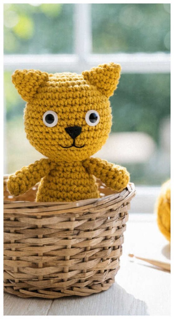 yellow crochet cat amigurumi in basket cute small plush cozy toy idea