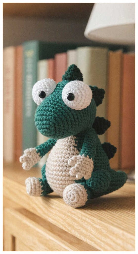 cute baby dinosaur amigurumi crochet toy big eyes green dino nursery decor idea free pattern in link