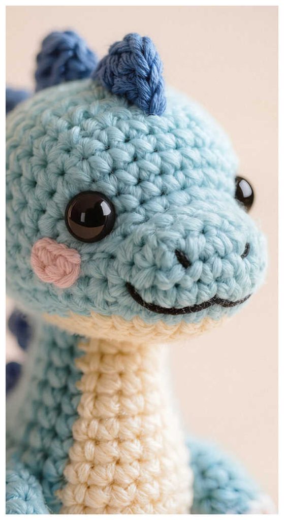 close up cute blue dinosaur amigurumi crochet plush toy soft texture baby gift free pattern in link