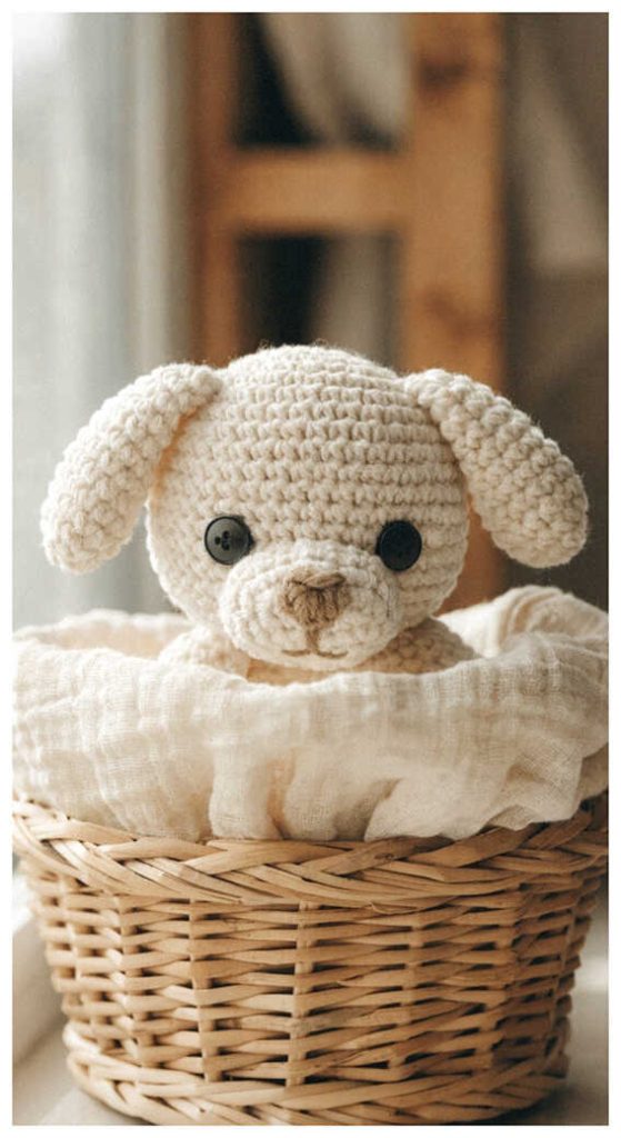 cream crochet puppy in basket soft cute dog amigurumi cozy handmade toy idea