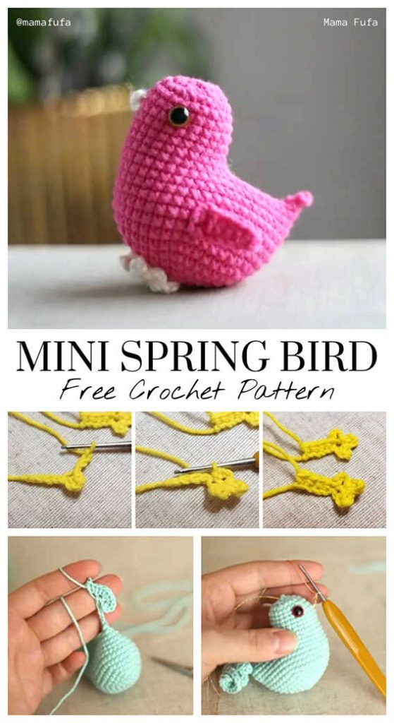 Mini spring bird amigurumi crochet toys with simple shapes, free crochet pattern available, perfect for quick handmade gifts and cute decor.