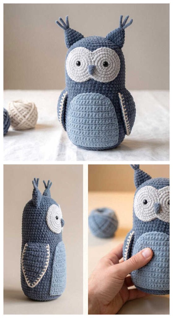 blue owl amigurumi crochet tall cute plush handmade decor idea