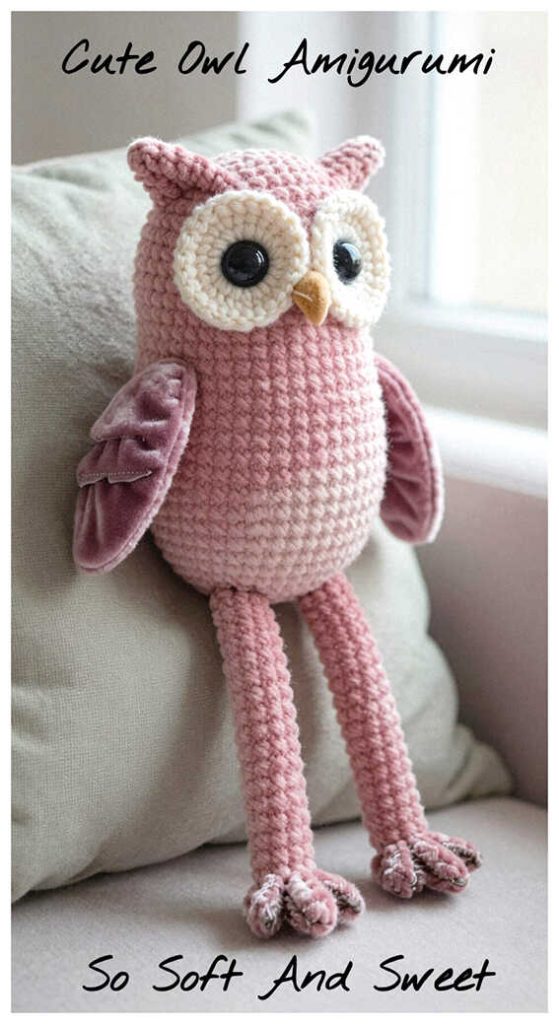 pink owl amigurumi crochet long legs cute plush soft and sweet idea