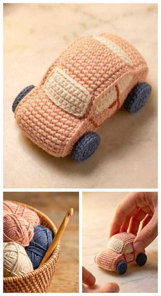 peach crochet car amigurumi cute small handmade toy simple car idea