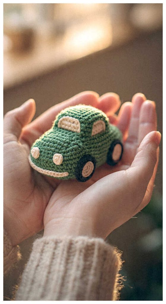 tiny green crochet car amigurumi in hands cute small toy cozy gift idea