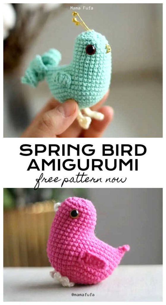 Spring bird amigurumi crochet toy in pink yarn, free crochet pattern available, perfect for small handmade gifts and cheerful decor ideas.