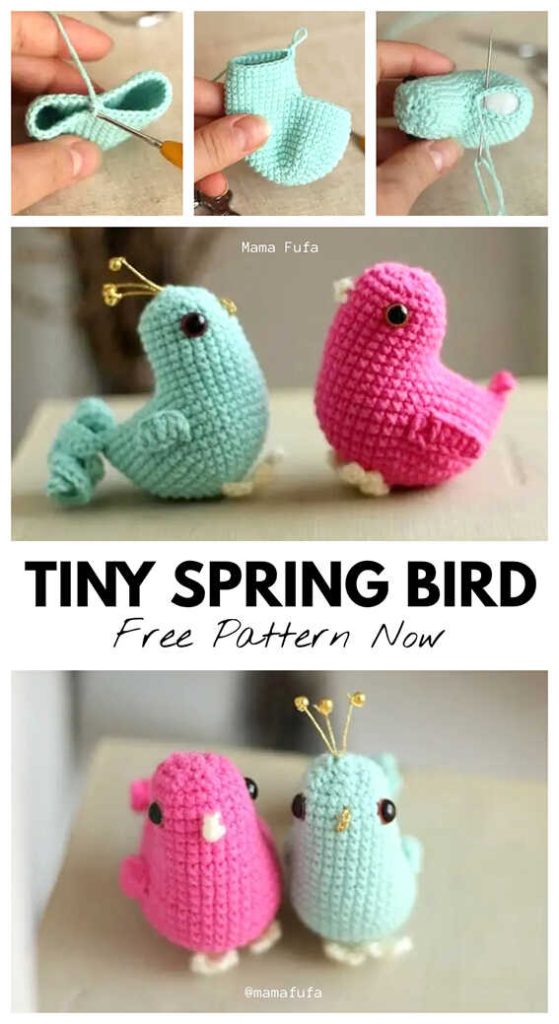 Spring bird amigurumi crochet toys in pastel colors, free crochet pattern available, perfect for cute handmade gifts and simple spring decor.