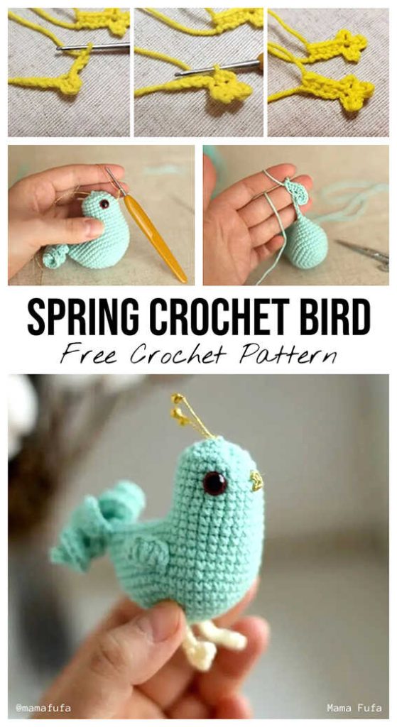 Spring bird amigurumi crochet process and finished toys shown, free crochet pattern included, great for learning and making cute handmade gifts.
