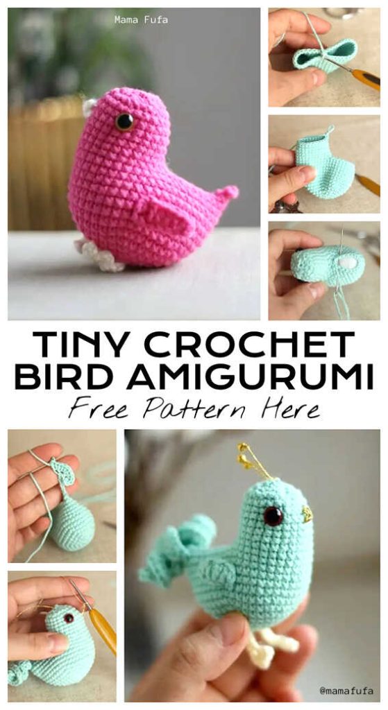 Tiny crochet spring bird amigurumi set in pastel colors, free crochet pattern included, ideal for cute handmade gifts and easy projects.