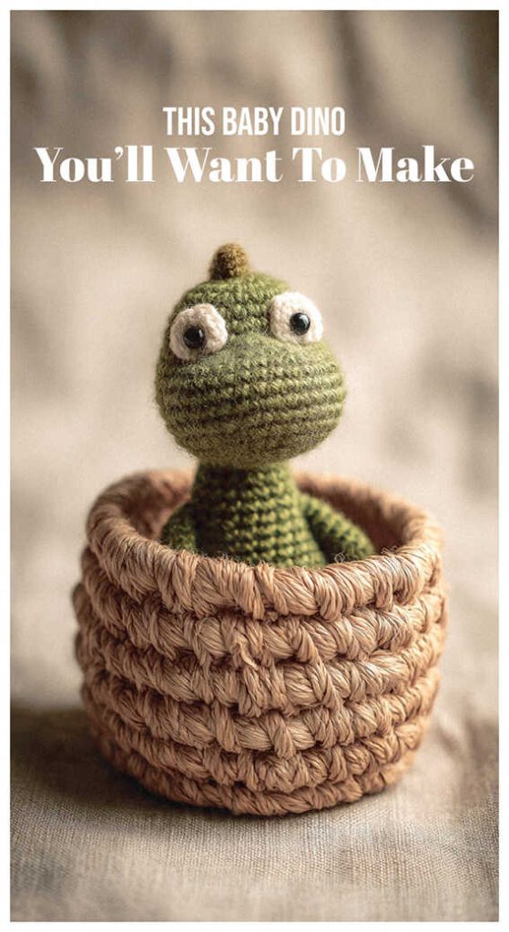 tiny dinosaur amigurumi in basket cute baby dino crochet gift idea nursery decor free pattern available in link