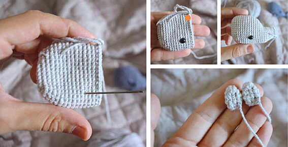 whale amigurumi crochet body shaping and fin pieces step by step assembly process