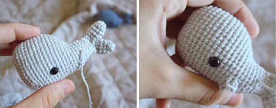 whale amigurumi crochet head and body shaping process showing smooth rounded form