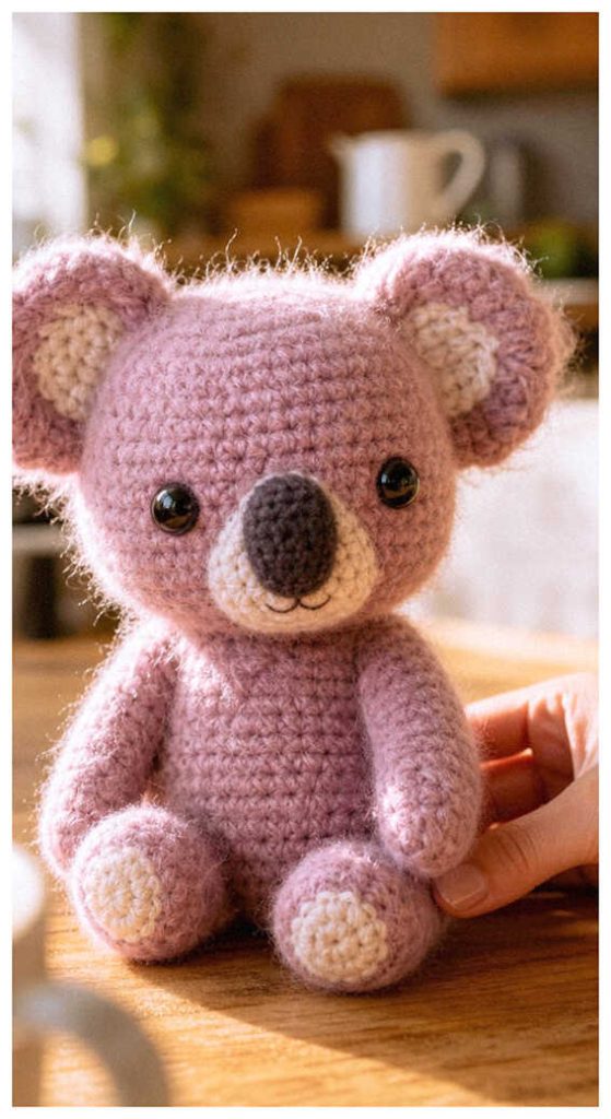 Baby koala crochet plush displayed in warm indoor lighting