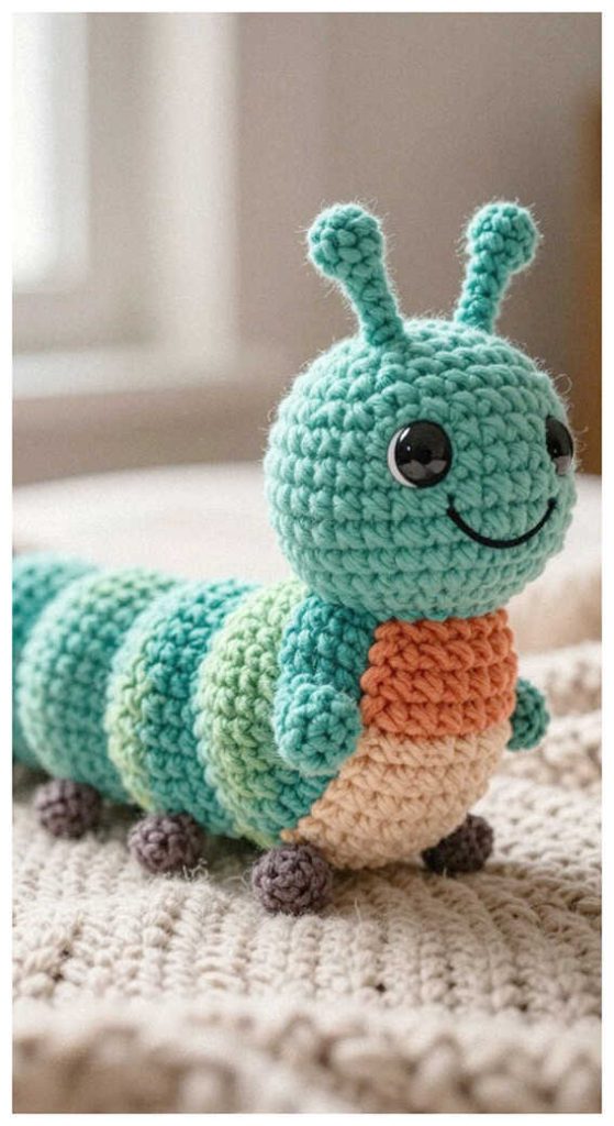 Blue caterpillar amigurumi plush displayed in soft cozy indoor lighting