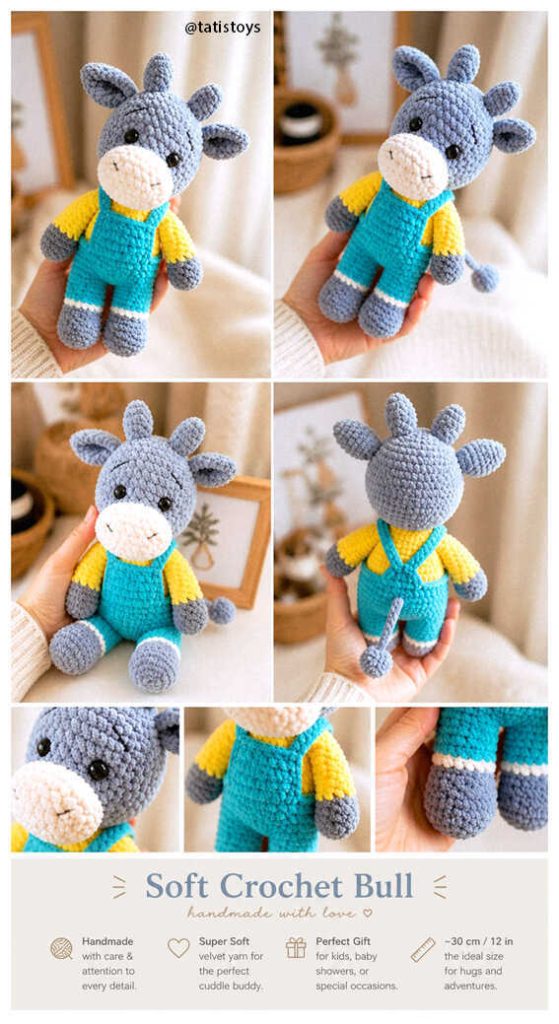 bull amigurumi crochet plush toy in hands front and back views free pattern