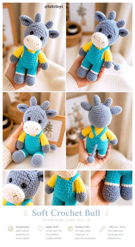 bull amigurumi crochet plush toy in hands front and back views free pattern
