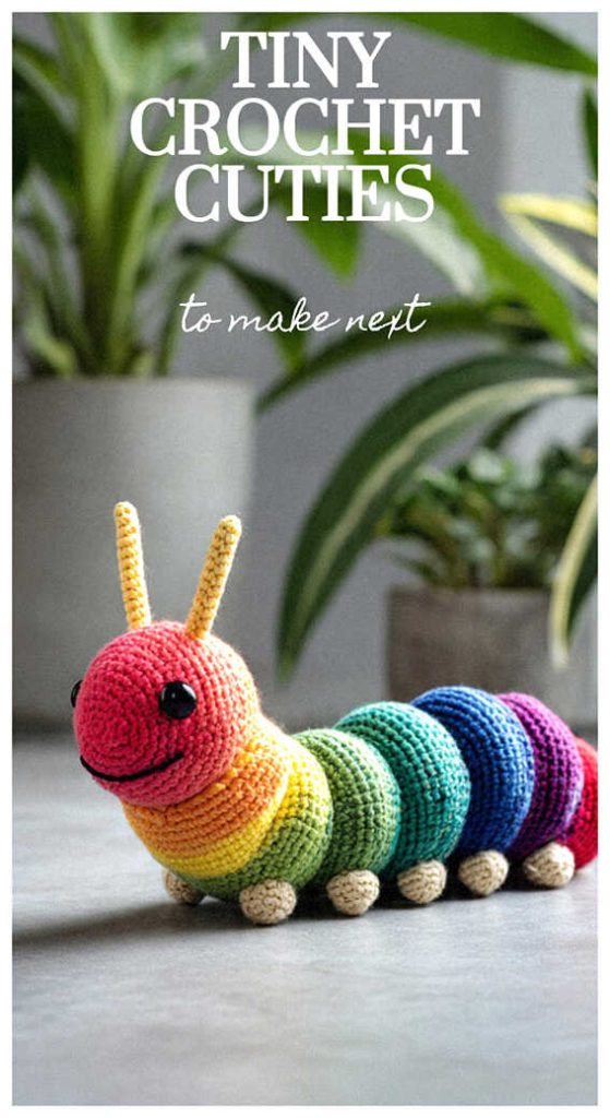 Colorful caterpillar crochet plush displayed in a bright plant styled setting
