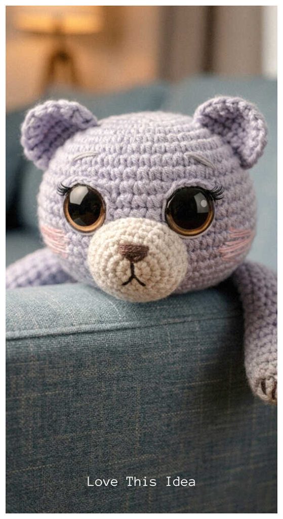 Cozy bear amigurumi close up in warm indoor lighting