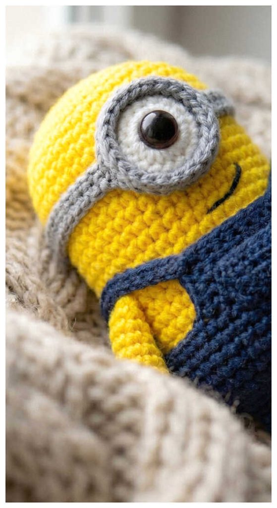 Cozy minion amigurumi plush resting in a soft indoor setting