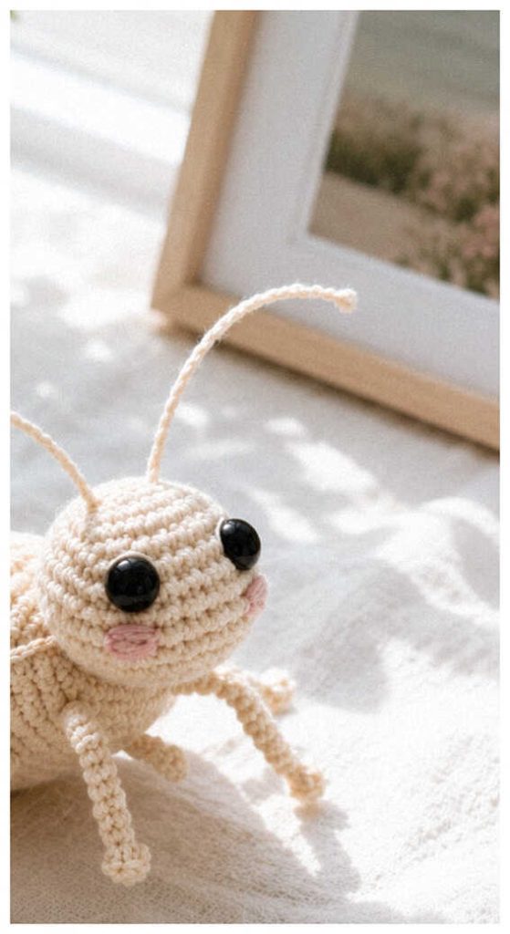 Cream crochet bug amigurumi in a minimal home styled background