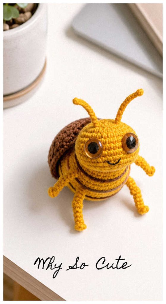 Crochet cockroach amigurumi in a bright minimal setting