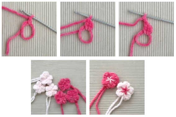Crochet duck amigurumi flower embellishment pieces and stitching steps