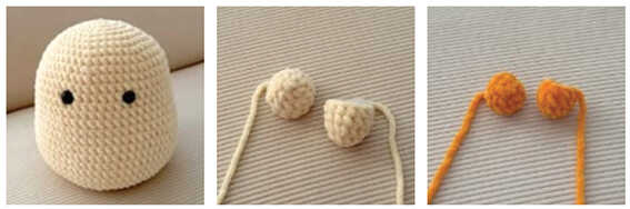 Crochet duck amigurumi body, wings, and feet pieces in progress