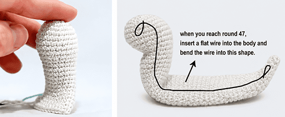 Crochet snail amigurumi body in progress with wire shaping instructions