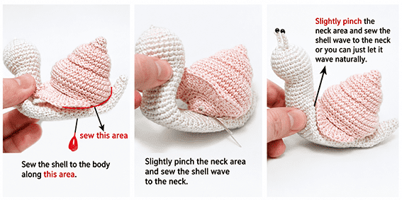 Crochet snail amigurumi assembly instructions showing shell attachment to the body