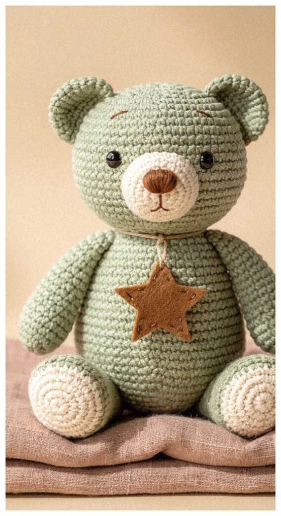 Cute bear amigurumi plush in a soft neutral indoor setting