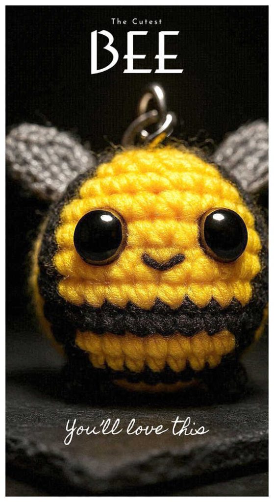 Cute bee crochet plush poster style image in dark lighting