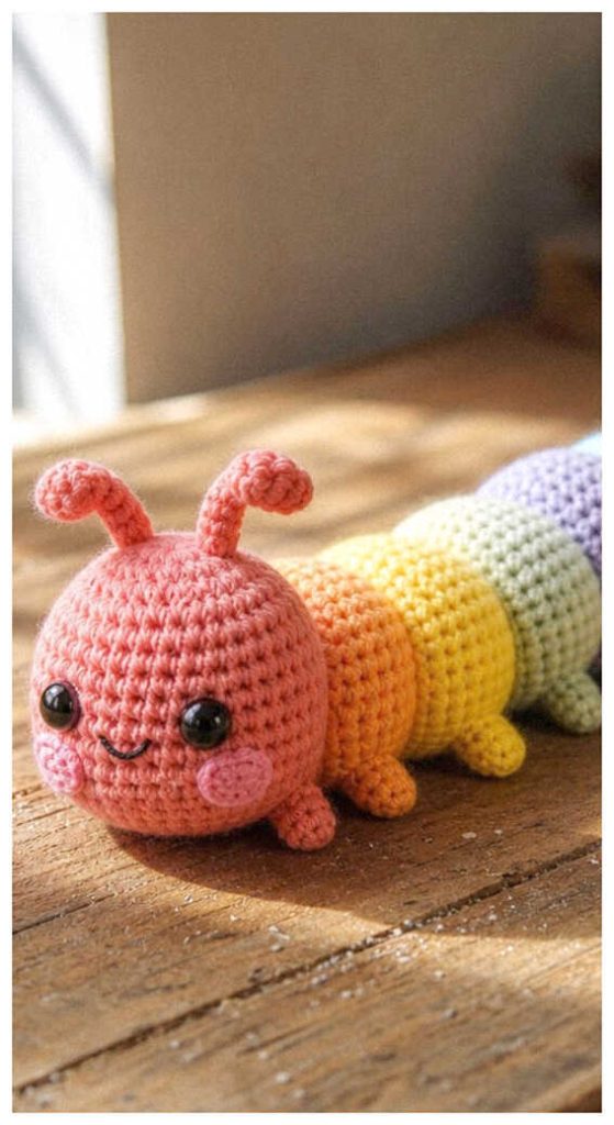 Cute caterpillar crochet plush displayed on a wooden indoor surface