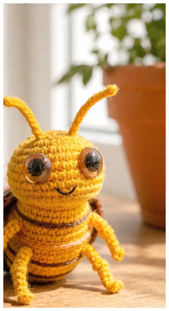 Tiny crochet cockroach amigurumi in a styled home background