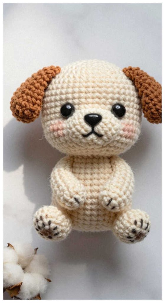 Cute dog crochet plush displayed in a clean soft indoor setting