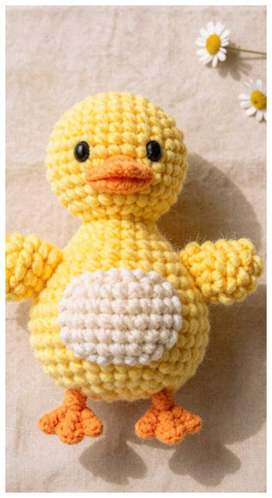 Cute duck amigurumi plush displayed in warm indoor lighting