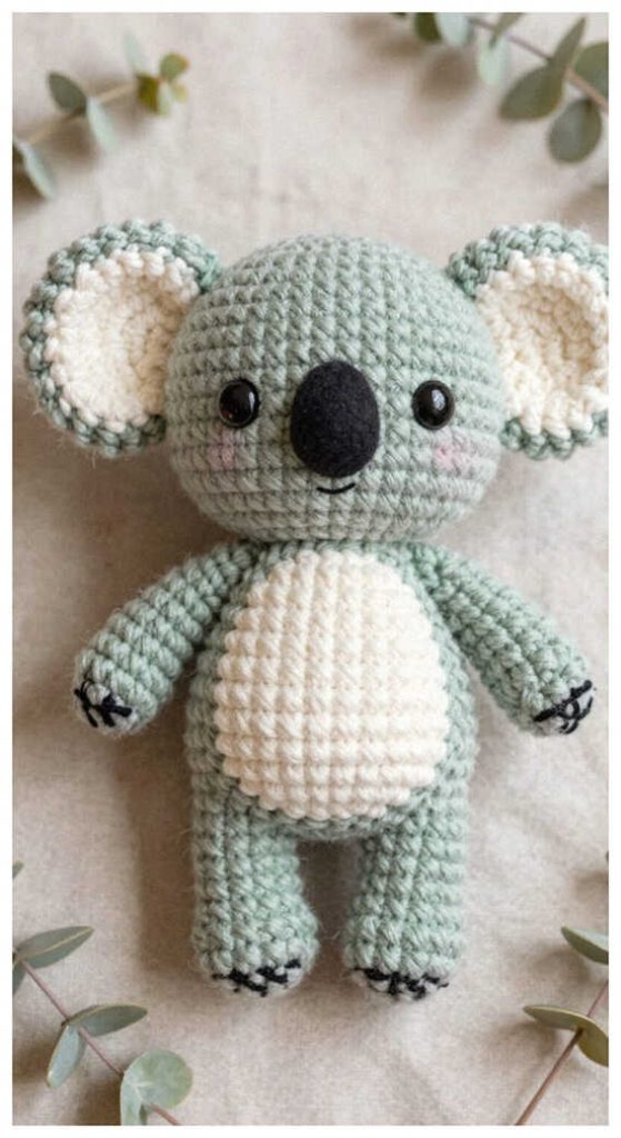 Cute koala amigurumi plush displayed on a soft neutral background