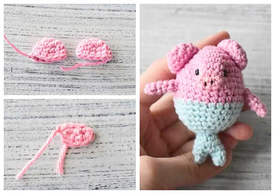 Cute pig mermaid crochet keychain assembly collage with finished amigurumi
