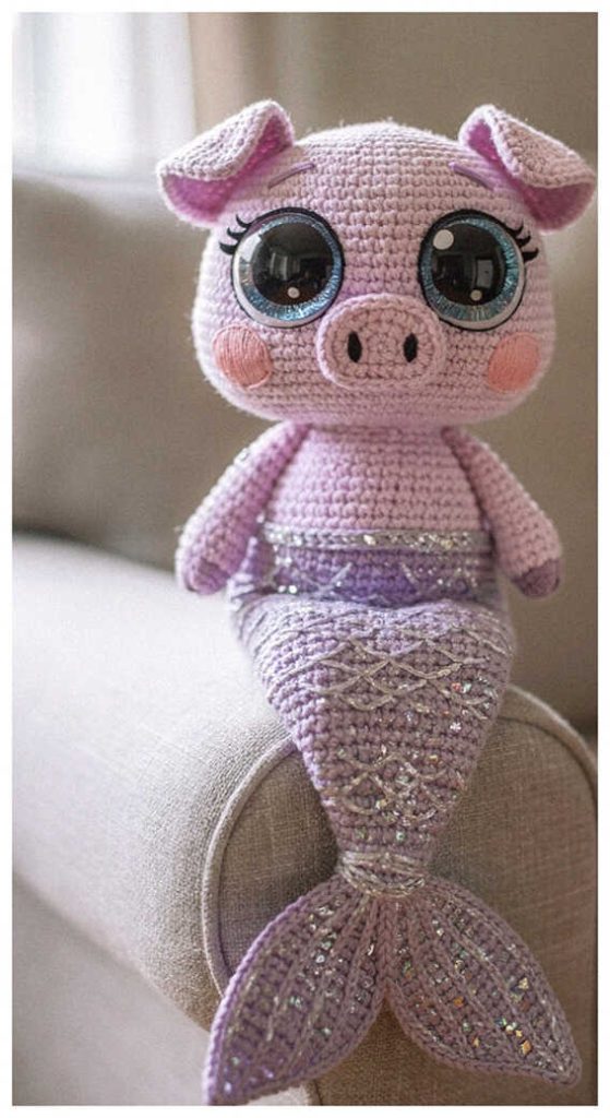 Cute pig mermaid doll amigurumi displayed on a soft indoor background