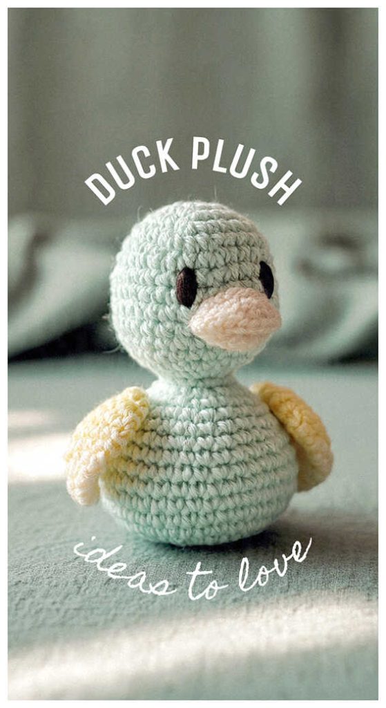 Duck plush crochet poster style image in soft cozy lighting