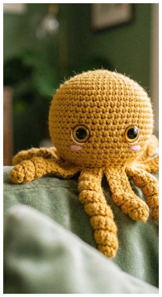 Golden octopus amigurumi plush displayed in warm natural lighting