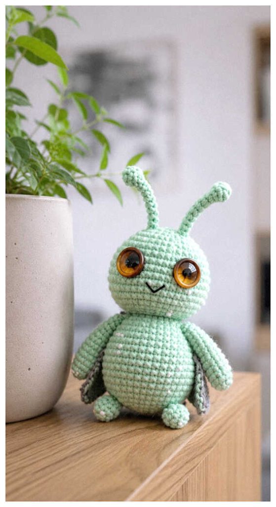 Green crochet bug amigurumi in a modern styled room