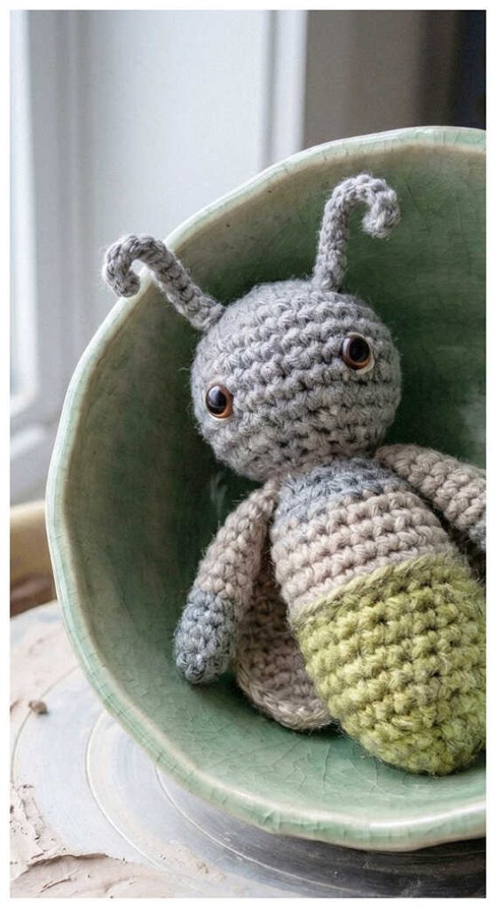 Green firefly crochet plush resting in a leaf shaped bowl