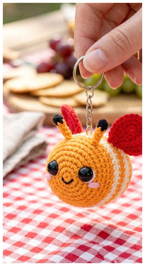 Kawaii bee crochet plush held in hand beside fruit