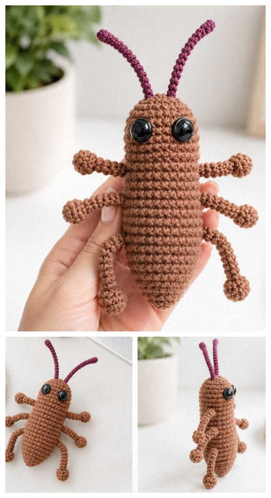 Realistic crochet cockroach plush with detailed handmade features